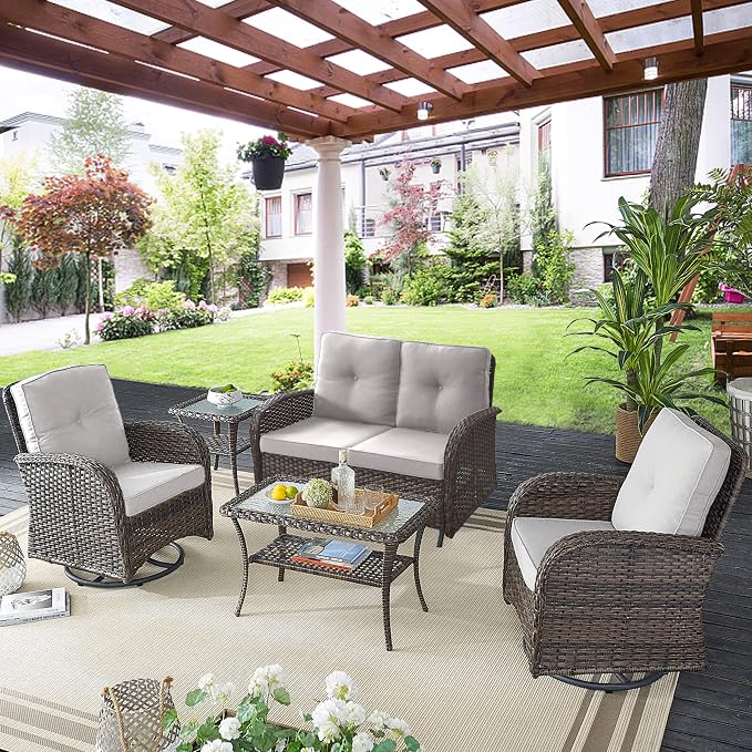 Belord 5 Piece Wicker Patio Furniture Set - Outdoor Conversation Sets with Deep Seating Swivel Rocker Chairs Loveseat and Rattan Coffee Table for Deck Backyard, Brown Wicker/Beige Cushion