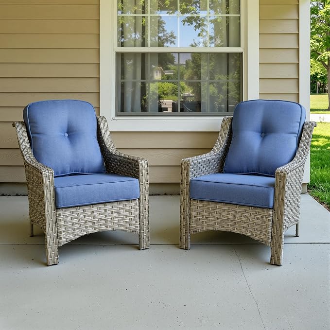 2 Piece Patio Furniture Set, Outdoor Wicker Chairs Set of 2 with Thick Cushion, Heavy Duty High Back Comfortable Chair for Small Balcony Porch Garden, Sapphire Blue