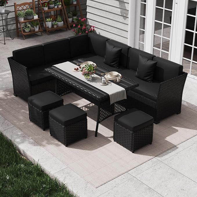 KIGOTY 7 Piece Patio Furniture Set, Outdoor PE Wicker Rattan Outdoor Dining Set, Patio Table and Chairs Set, Patio Conversation Sofa Set with Dining Table and Ottoman(Black-Black)