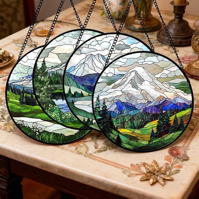 DASTOLL Stained Glass Window Hanging 4 Pcs Set Mountains Lake Green White Landscape 9.8" - Suncatcher Door Garden Sun Catcher Decor Birthday Christmas for Mom Woman Nana Men