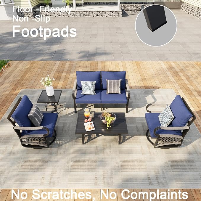 5 Pieces Patio Furniture Set, Rope Outdoor Conversation Sets with Swivel Chairs, Modern Metal Couch Sofa Seating Group with Coffee Table and Side Table (Blue Cushions)
