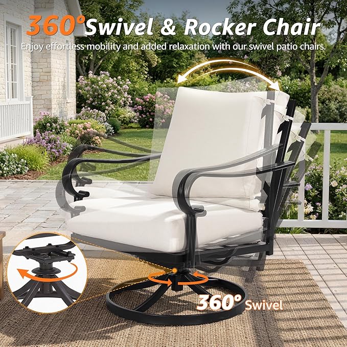 NATURAL EXPRESSIONS 4 Piece Patio Furniture Set, Vintage Metal Outdoor Conversation Set with High Back Swivel Rocking Chairs, 3 Seater Sofa Chairs for Balcony, Porch