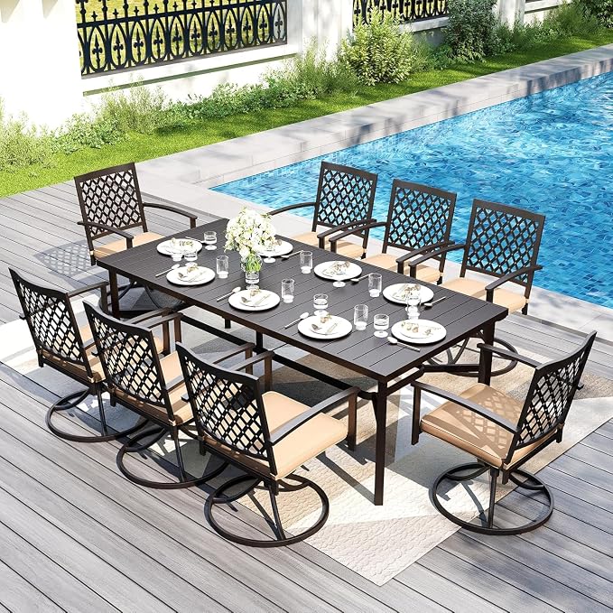 PHI VILLA 7 Pcs Outdoor Dining Set for 6&83" Rectangle Metal Steel Table | Swivel Wrought Iron Chairs with Cushions, Outside Furniture Set for Patio, Deck, Yard, Porch
