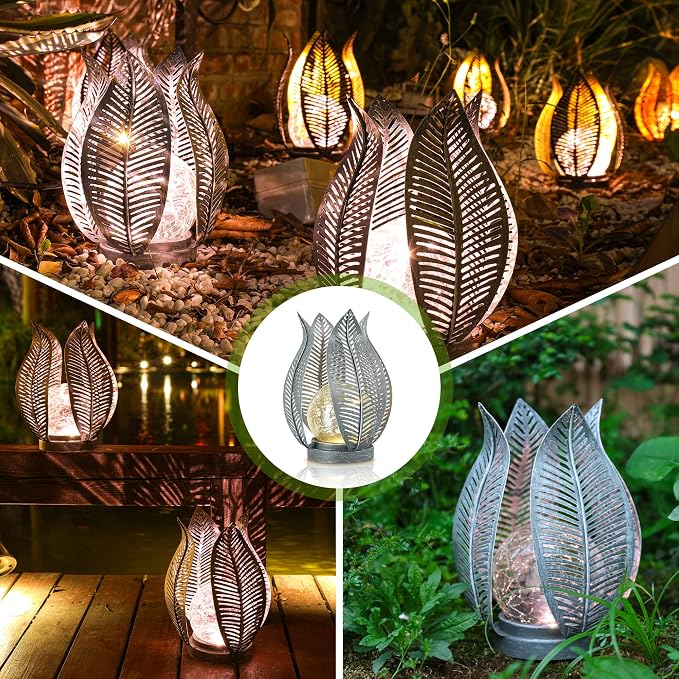 Solar Lights Outdoor Waterproof Garden Decor Crackle Glass Globe,Metal Yard Art Solar Outdoor Lights for Table Decor Porch,Patio Decorations.Gardening Gifts for Women/Mom