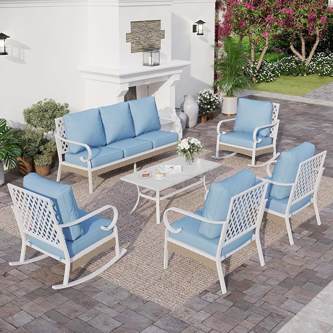 SUNSHINE VALLEY 6 Piece Metal Outdoor Patio Furniture Set, Patio Conversation Set 3-Seater Sofa, 2 Fixed Sofa, 2 Rocking Chair with 5.75" Thick Cushion and Coffee Table White Backyard Furniture, Blue