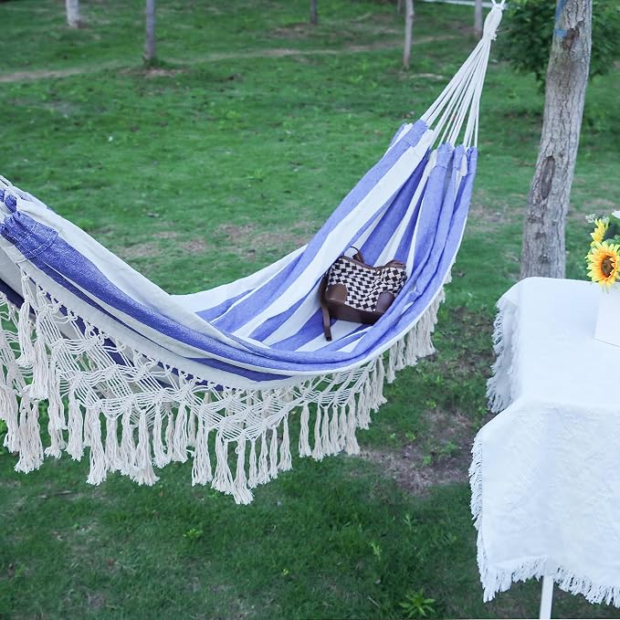 Boho Macrame Hammock with Elegant Tassels for Patio, Yard, Beach Wedding Decor, Outdoor and Indoor Up to 450lbs Include Tie Ropes and Drawstring Bag