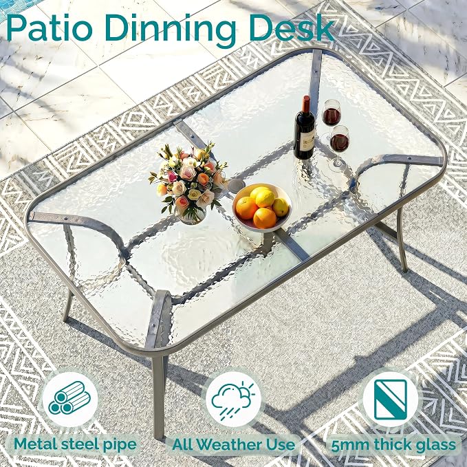 MAMIZO 7 Pieces Patio Dining Set for 6, Outdoor Table and Chairs w/Rectangle Glass Table and 6 Textilene Stackable Chairs, Patio Furniture Set w/1.69" Umbrella Hole (Grey Table & Navy Blue Chair)