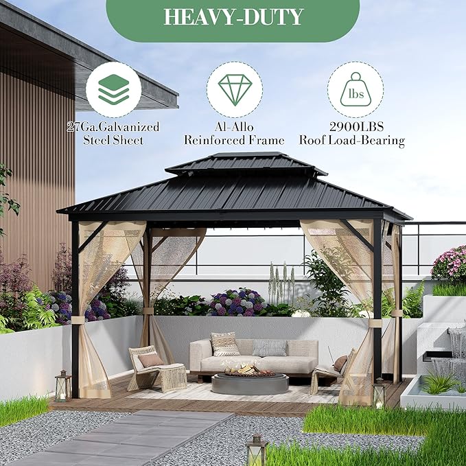 10' x 14' Hardtop Gazebo with Galvanized Steel Double Roof, Heavy Duty Outdoor Gazebo with Netting & Curtains for Patio, Backyard, Deck & Lawn