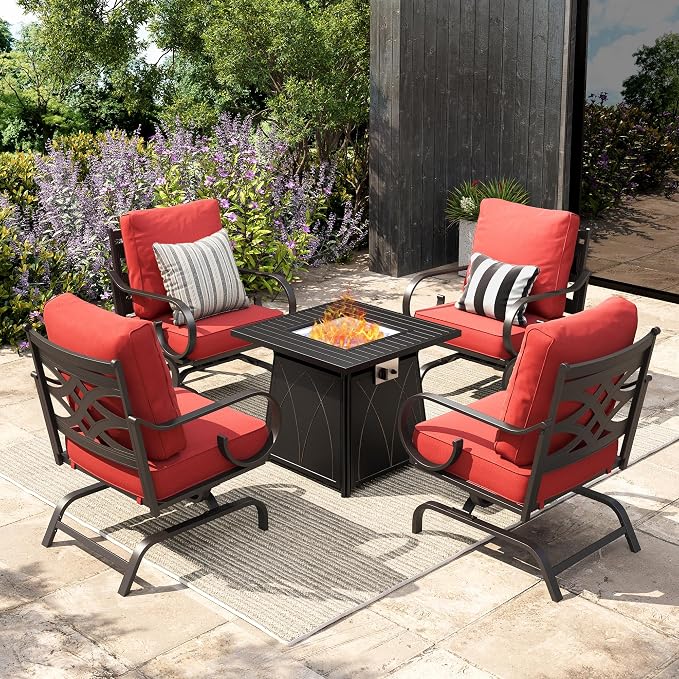 Sophia & William Patio Conversation Set for 4, 4 Rocking Chairs and a 28" Square Fire Pit Table, Metal Outdoor Furniture with 5.75" Extra Thick Cushions, Red