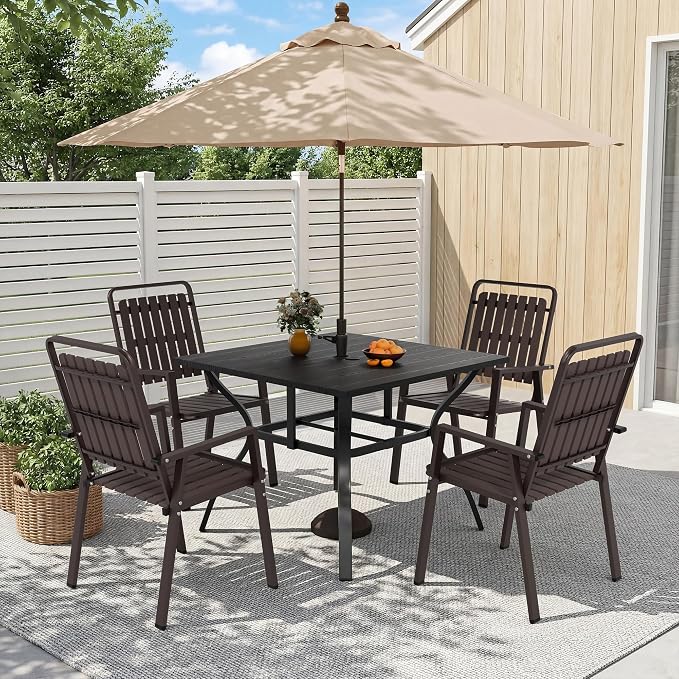 Outdoor Dining Set for 4, Patio Table and Chairs Set with 1.97'' Umbrella Hole, 5pcs Patio Furniture Set 37.8”x37.8” Black Dining Table Set for Porch Deck Backyard Pool
