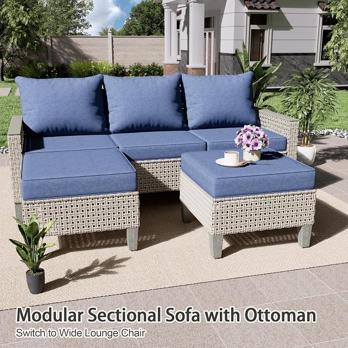 Outdoor Patio Furniture Set 7-Piece Modular Wicker Sectional Sofa with Ottomans and Thick Cushions, Modern Rattan Outdoor Conversation Couch for Garden Backyard, Navy