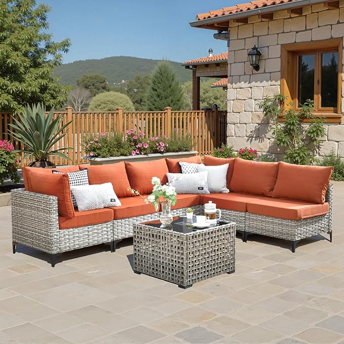 7 Pieces Wicker Patio Furniture Set,Outdoor Sectional Sofa with Coffee Table Comfy Cushions,Modern Modular Deep Seat Rattan Couch Conversation Set,Orange Line
