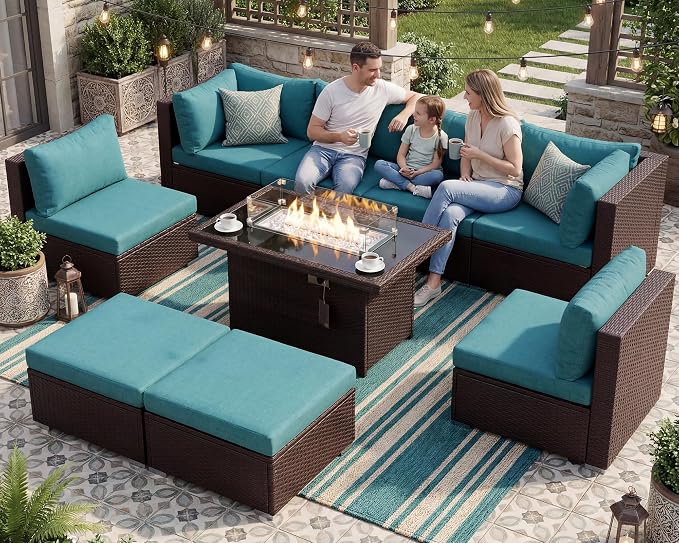 BULEXYARD 9 Piece Highback Patio Furniture Set with Fire Pit Table, Modern Modular Outdoor Sectional Couch Sofa with Ottoman, 8-Person Backyard Seating for Outside, Deck, Brown Wicker & Teal Cushion