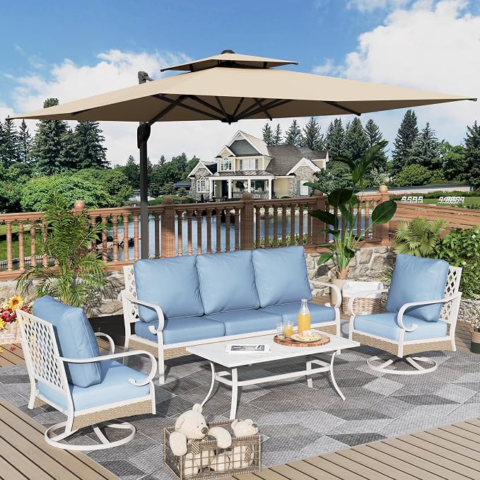 MIXPATIO 4 Piece Patio Furniture Set, 2 x Swivel Chair, 1 x 3-Seat Sofa with Marbling Coffee Table, All Cushioned 5 Seats Outdoor Conversation Set for Lawn Garden Backyard, Blue