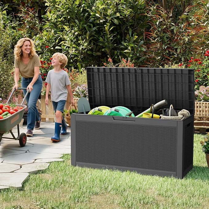 LubanNese Outdoor Storage Box, Waterproof Deck Box, Outdoor Patio Storage Bin, Weatherproof (Black, 66 Gallon with Seat)