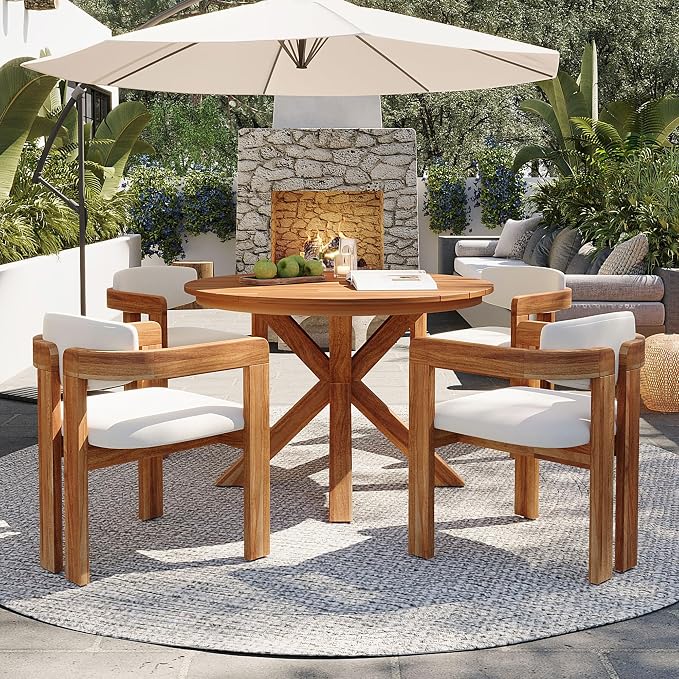 Christopher Knight Home Katy Modern 5 Piece Outdoor Dining Set, Round Dining Table Set for 4 with Chairs, Acacia Wood Patio Furniture Set with Barrel Chairs and Seat & Back Cushions, Beige+Brown