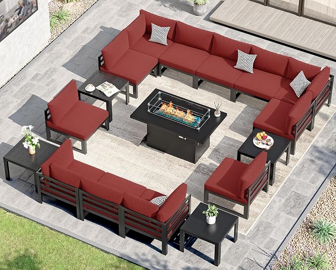 NICESOUL 17 Pcs Large Modern Aluminum Patio Furniture Set with Fire Pit Table Propane/Gas, L Shaped Modular Sectional Sofa with Side Table, All Weather Comfortable Outdoor Couch for Exterior, Burgundy