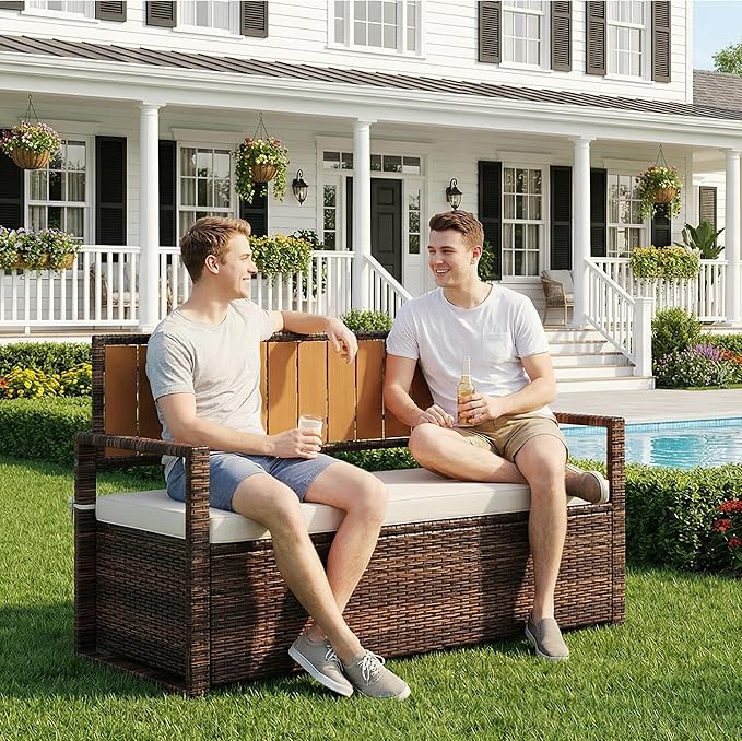 75 Gallon Outdoor Storage Bench with Cushion, 2-Seater PE Rattan Patio Storage Box with Backrest & Armrests, Weatherproof Lockable Deck Box for Garden, Balcony, Porch, Pool, Yard, Dark Brown