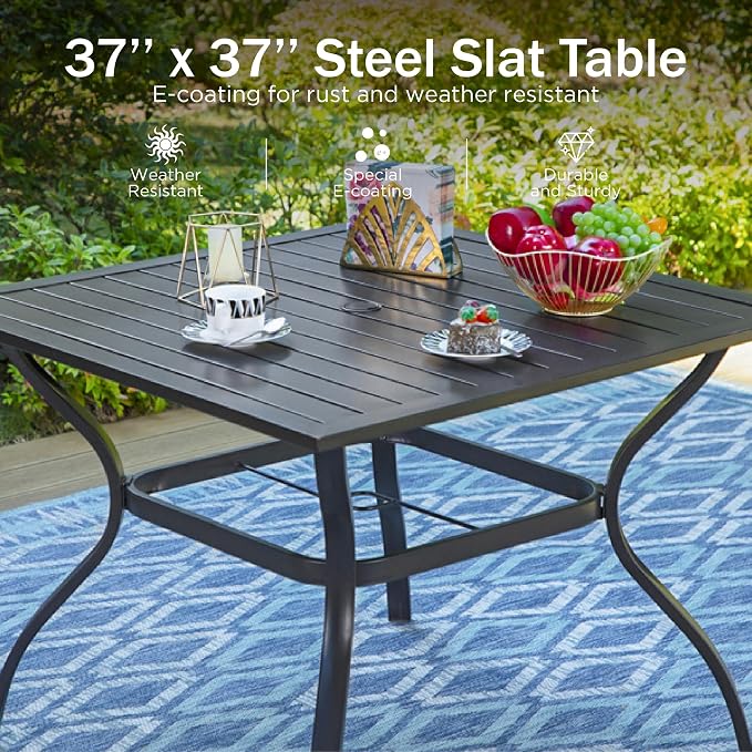 PHI VILLA 5 pcs Patio Dining Table and Chairs, 4 Outdoor Dining Chairs and Metal Square Table,with Sling Fabric and Sturdy Frame,Black Frame with E-Coating,Sling Outdoor Furniture