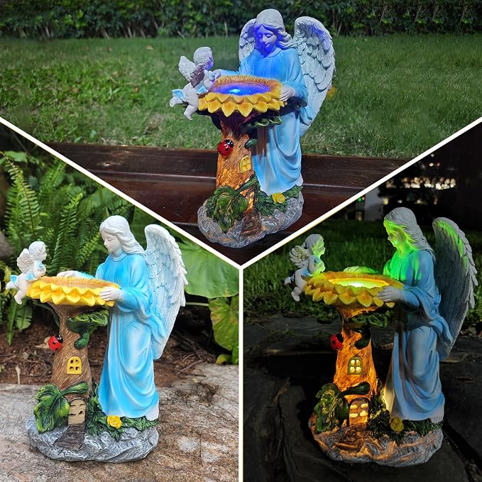 Voveexy Solar Garden Statue, Angel Outdoor Decor with Color Changing Light Garden Figurine Sunflower Outdoor Statue Waterproof Sculpture Lawn Ornament for Patio Backyard Christmas Birthday Present