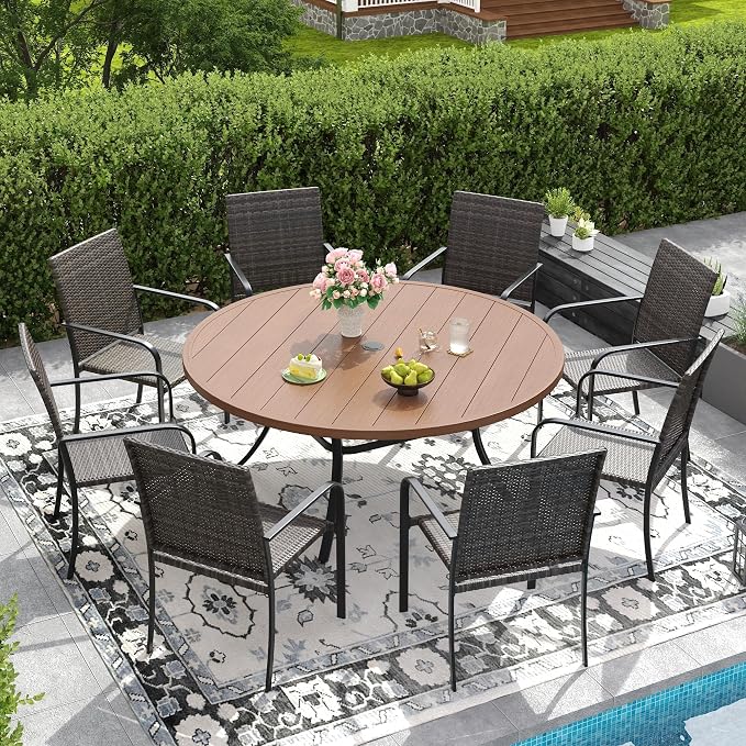 DIFY 9 Piece Outdoor Dining Set, Patio Table and Chairs Set for 8 with Umbrella Hole, 53" Walnut Round Dining Table & Stackable Wicker Patio Chairs, Metal Patio Furniture Set for Garden Backyard