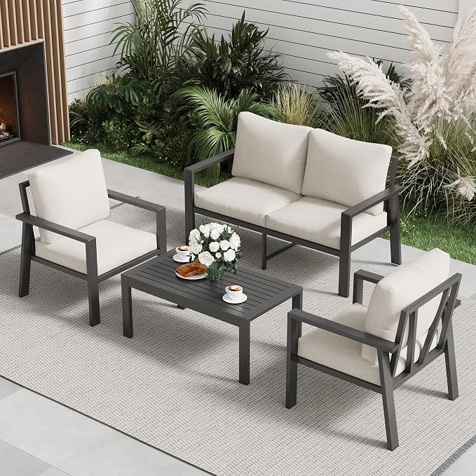 4-Piece Aluminum Outdoor Patio Furniture Sets All-Weather Patio Conversation Set Sectional Sofa with Coffee Table & Cushions with Removable Covers for for Deck Backyard Garden Poolside Balcony Porch