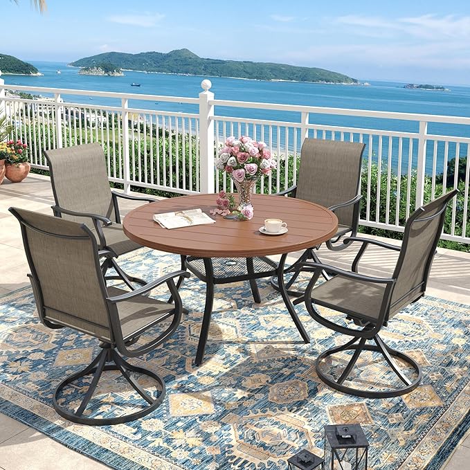 Outdoor Dining Set for 4, 40.6" Metal Round Outdoor Dining Table with Umbrella Hole and Sling Patio Swivel Chairs, 5 Pieces Patio Table and Chairs Set for Garden, Mixed Brown and Walnut