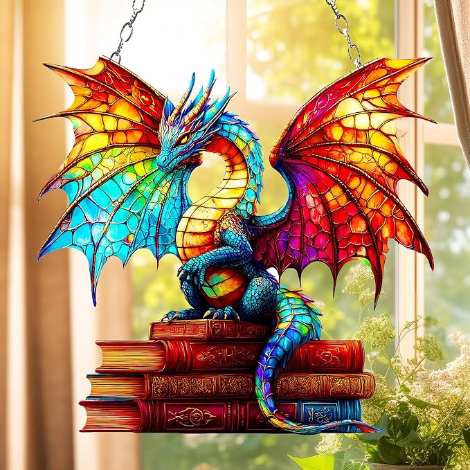 Bookish Dragon Acrylic Suncatcher, Bookish Suncatchers for Window Hanging Ornament, Art Garden Decor for Book Lover Reader Bookworm, Gifts for Mother's Day, Mom, Grandma, Wife, Women, Nana