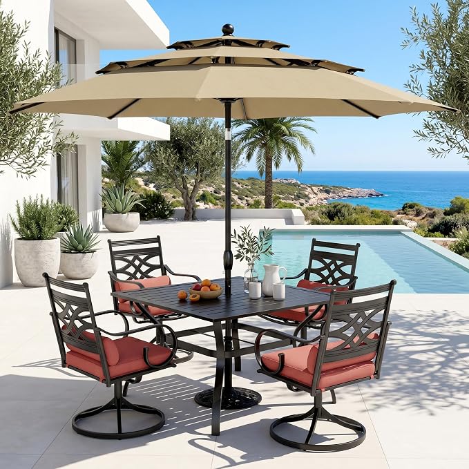 PHI VILLA Outdoor Dining Set with Umbrella for 4, 37" Metal Square Table & Wrought Iron Swivel Chairs, Patio Furniture with Red Cushions & Pillows for Deck, Porch
