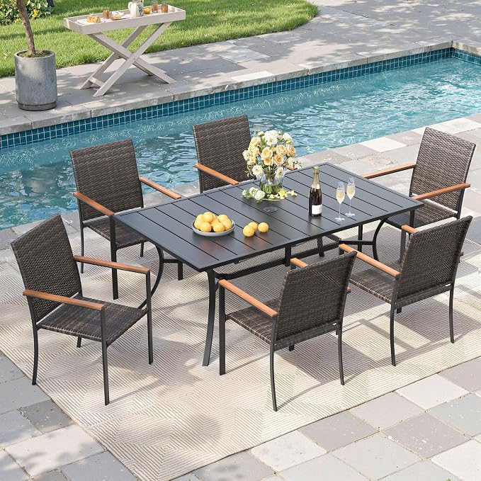 Patio Dining Set for 6, 59.2" Rectangular Metal Table with Umbrella Hole and Stackable Wicker Patio Chairs, Outdoor Furniture Set for Deck Backyard Garden, Walnut Chairs, Black Table