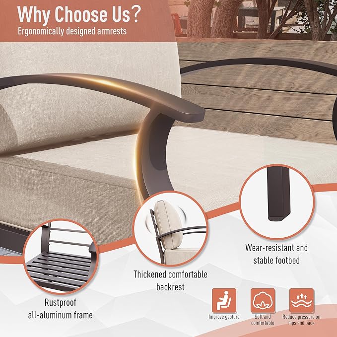 Kurapika Aluminum Patio Furniture Set 8-Seat Modern Metal Outdoor Conversation Sets w/Swivel Rocking Chairs Patio Sectional Sofa w/5.1 Inch Cushion, Sand