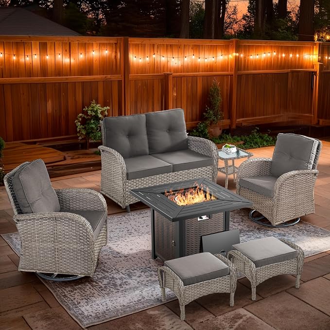 7 Piece Patio Furniture Set with Fire Pit Table - Wicker Patio Conversation Set with Swivel Glider, Glider Loveseat, Side Table and 2 Ottomans for Deck Backyard - Grey Wicker Grey Cushion