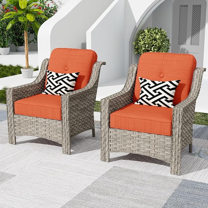 HOOOWOOO 2 Piece Patio Chairs Set,Outdoor Wicker Chairs,All Weather Resistant High Back Rattan Deck Chairs Matching Furniture(Orange Red)