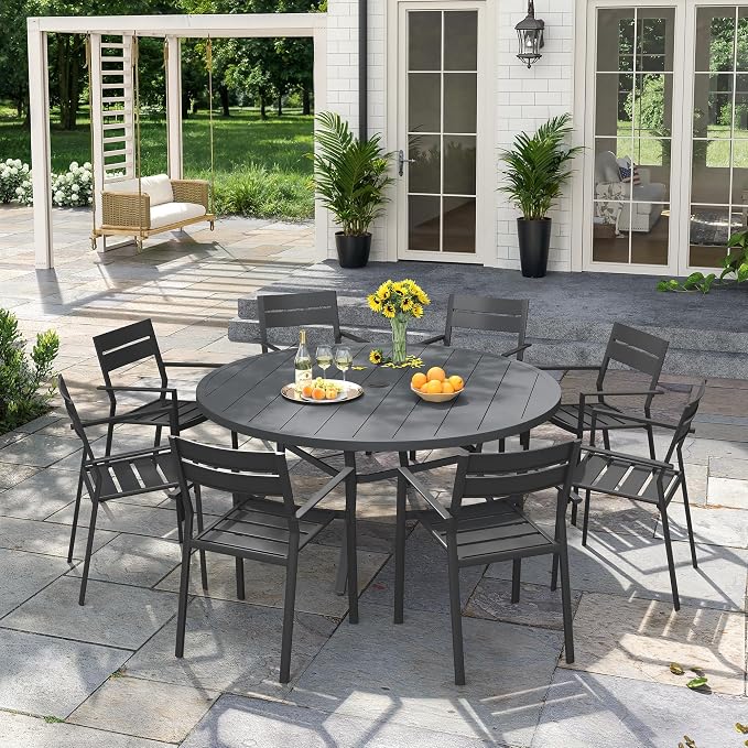 VICLLAX Patio 9 Pieces Outdoor Dining Set, Wrought Iron Metal Outdoor Table and Chairs Set, 53" Round Table with Umbrella Hole and 8 Stackable Chairs for Lawn, Garden, Porch, Dark Grey/Black