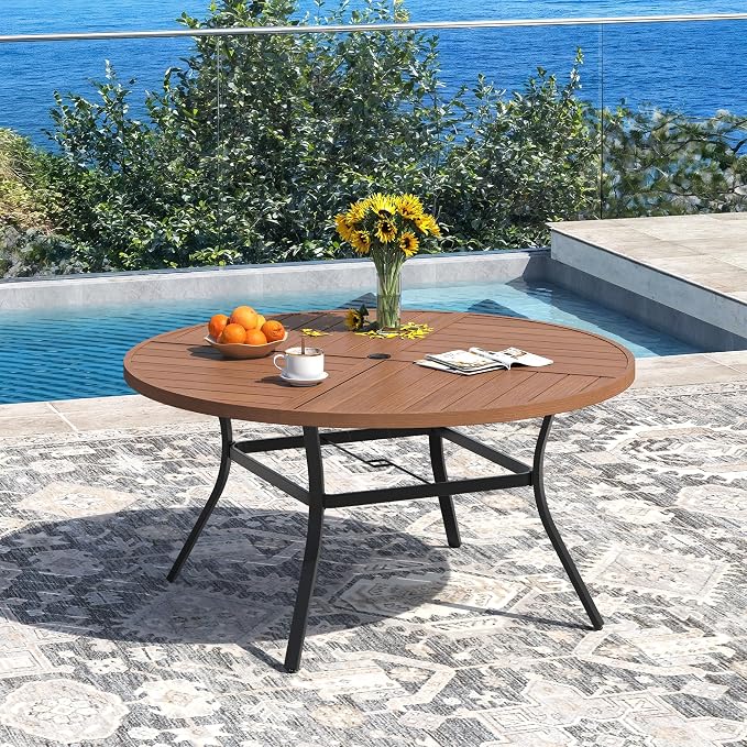 DIFY 7 Pieces Outdoor Dining Set, Metal Patio Table and Chairs Set for 6, 50" Round Dining Table with Umbrella Hole & Wicker Swivel Patio Chairs with Cushions, Walnut Tabletop