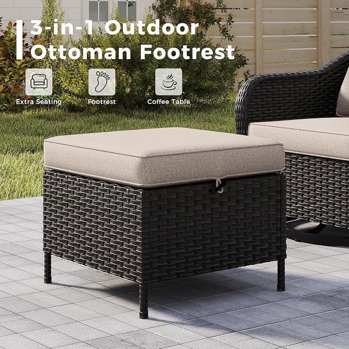 4 Pieces Patio Outdoor Conversation Furniture Set with Cushions, All-Weather Wicker Ottomans, PE Rattan 2 Chairs for Backyard, Deck, Lawn (Beige)
