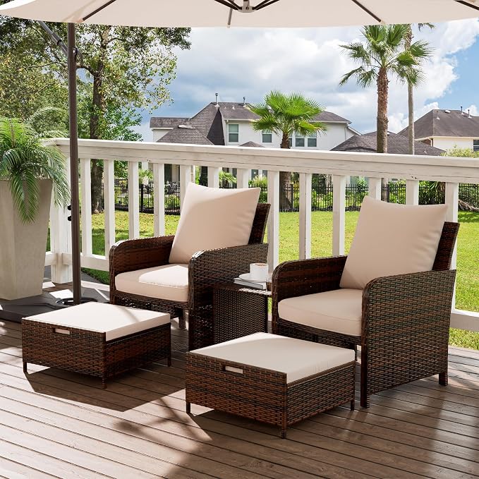 UDPATIO Balcony Furniture Outdoor Patio Chair with Ottoman for Small Space, 5 Piece Wicker Patio Furniture Set with Side Table, Khaki