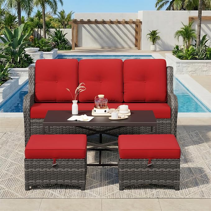 4-Piece Outdoor Couch Set, Includes Wicker Patio Sofa with Thickened Olefin Cushions, High Back and Deep Seating, Hand-Woven PE Rattan and 2 Ottomans, 1 Coffee Table for Porch, Deck