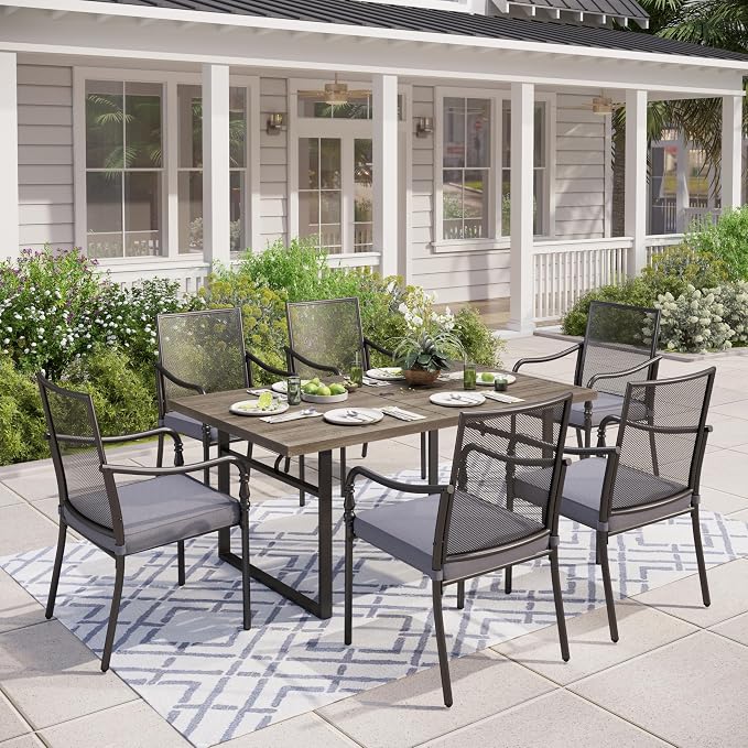 MIXPATIO 7 Pieces Outdoor Patio Dining Set for 6,Outdoor Metal Dining Set, 6 Metal Chairs with Thickened Cushions, 64" Rectangle Table for Garden Backyard