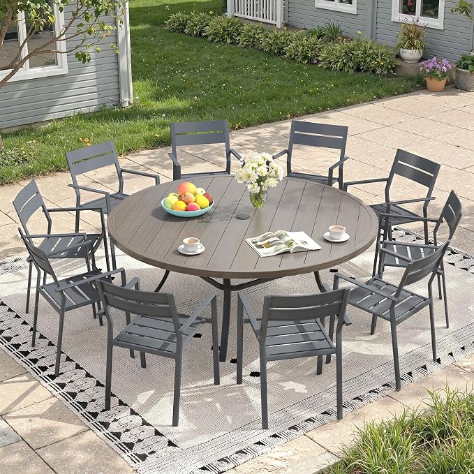Patio Dining Set for 10, Round 63" Outdoor Dining Table and Chairs Set with Stackable Patio Chairs Outdoor Furniture for Garden Deck Backyard, Grey Table and Grey Chairs