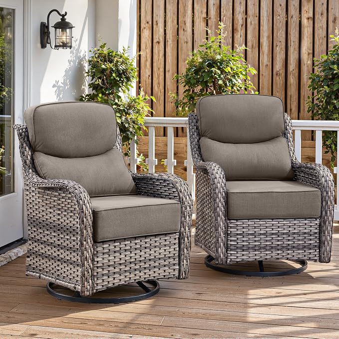 Belord Luxury 6" Thick Cushioned Outdoor Swivel Rocker Patio Chairs of 2, High Back Wicker Patio Furniture Set with Ergonomic Zone Back, Conversation Glider Set for Deck Porch - Grey+Grey