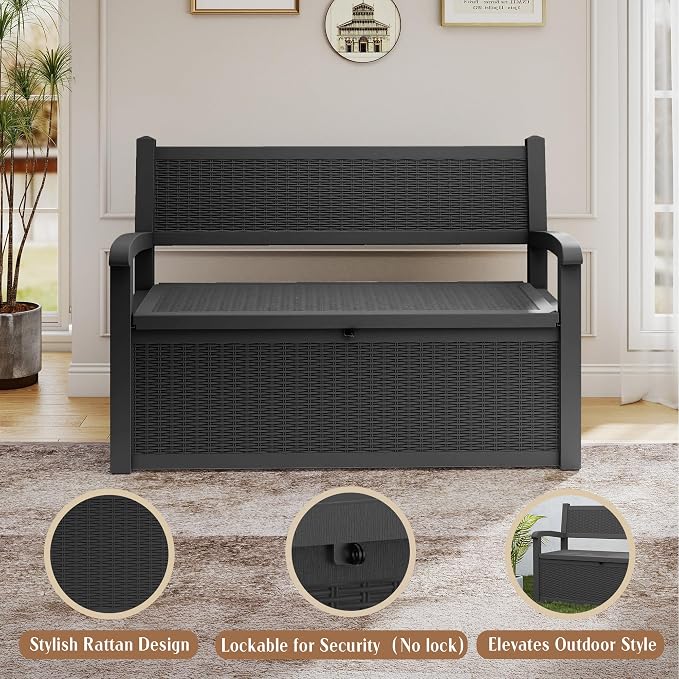 EasyUp 80 Gallon Outdoor Storage Bench Lockable Deck Box Outdoor Storage Box Waterproof for Patio,Garden,and Porch – Perfect for Storing Garden Tools and Cushions(Black Pattern)