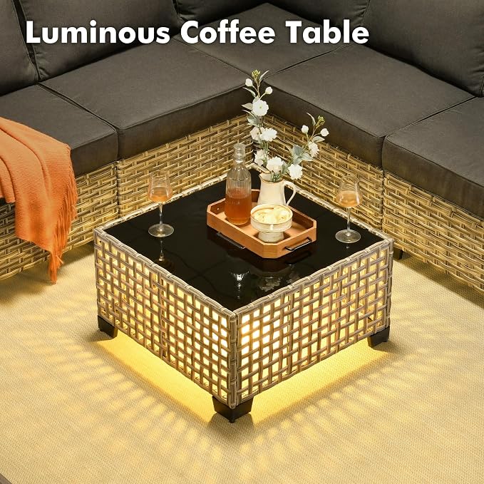 Weaxty 7 Pieces Wide Seats Outdoor Furniture Set, L Shape Sectional Couch Ottoman Fire Pit Solar Table, Thick Cushion All-Weather Rattan Patio Conversation Sets for Backyard Porch Deck, Black