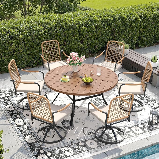 DIFY 7 Pieces Outdoor Dining Set, Metal Patio Table and Chairs Set for 6, 50" Round Dining Table with Umbrella Hole & Wicker Swivel Patio Chairs with Cushions, Walnut Tabletop