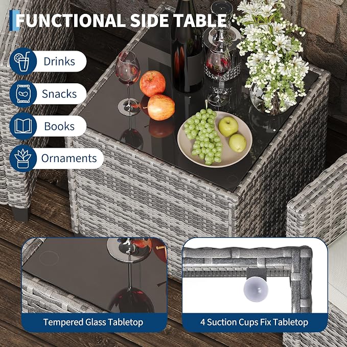 Garvee 3 Piece PE Rattan Patio Furniture Set, Outdoor Chairs and Table Set with Tempered Glass Tabletop and Cushions, Patio Conversation Set for Patio, Balcony, Poolside, Grey and Beige