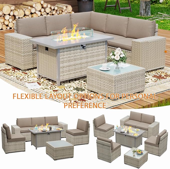 7 Piece Patio Furniture Set, 8" Wide Arm Sectional Sofa Set with 50000 BTU Propane Fire Pit Table & Coffee Table, Rattan Outdoor Conversation Set for Garden, Porch, Lawn, Khaki