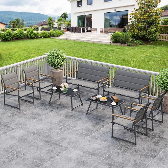 Tangkula 8 Piece Patio Furniture Set, Outdoor Metal Conversation Set with Padded Fabric Seat & Wood-Plastic Armrests, Sectional Sofa Set with Tempered Glass Coffee Table for Backyard, Porch (Gray)