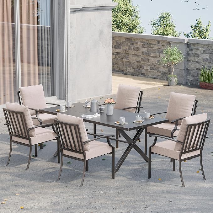 Kurapika 7-Piece Outdoor Dining Set, Includes 1 Large Metal Table with Umbrella Cutout and 6 Fixed Metal Chairs, for Decks, Yards, Gardens, Porches, Sand