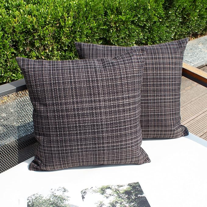 Kevin Textile Outdoor Waterproof 24x24 Inch Pillow Covers 2 Pack, Black | Water Resistant, Faux Linen Yarn-dyed, Woven Texture Euro Throw Pillow Covers for Tent Patio Garden Couch Sofa