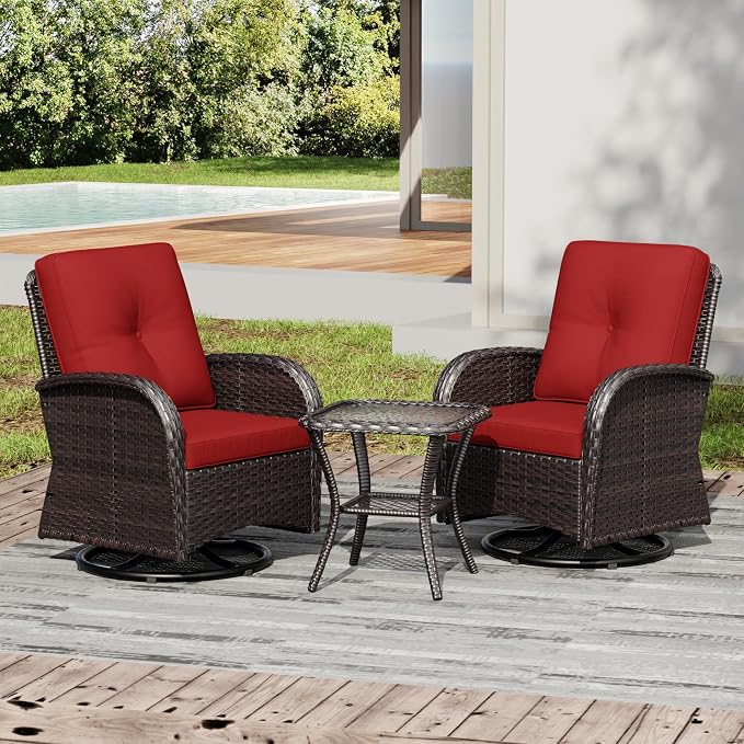 Joyside Outdoor Swivel Rocker Chairs, 3 Piece Wicker Patio Set with Thickened Cushions, High Back, Deep Seating, Wide Armrest, Outdoor Swivel Chairs for Porch, Deck